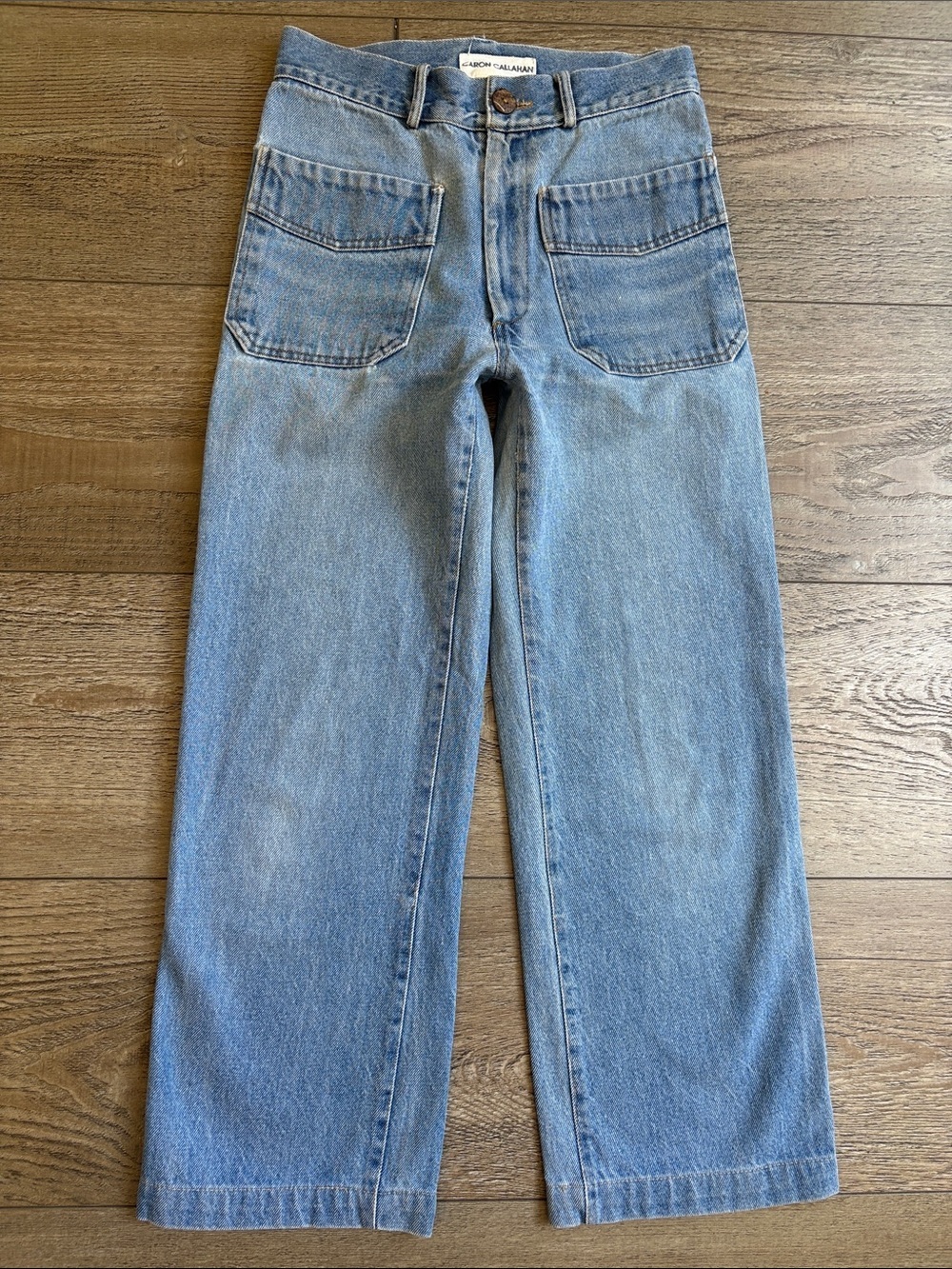 Caron Callahan Denim Reuben High Waisted Cropped Wide Leg Jeans Light Blue Wash